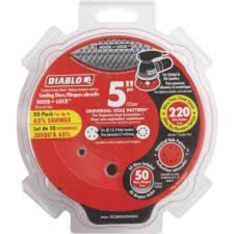 Diablo 5 in. 220-Grit Universal Hole Random Orbital Sanding Disc with Hook and Lock Backing (50-Pack) ** CALL STORE FOR AVAILABILITY AND TO PLACE ORDER ** Diablo 5 in. 220-Grit Universal Hole Random Orbital Sanding Disc with Hook and Lock Backing (50-Pack) ** CALL STORE FOR AVAILABILITY AND TO PLACE ORDER **